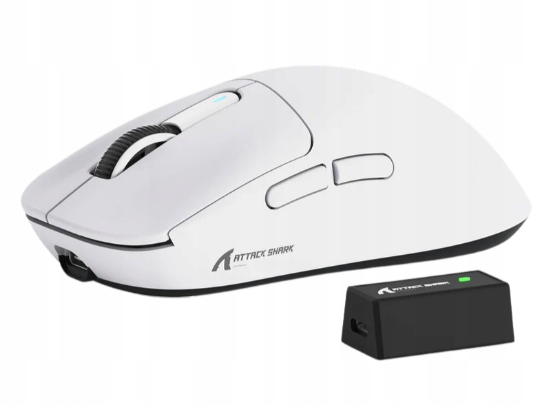 Kompletny zestaw: mysz Attack Shark X3 PRO, kabel USB-C, odbiornik i naklejki antypoślizgowe.